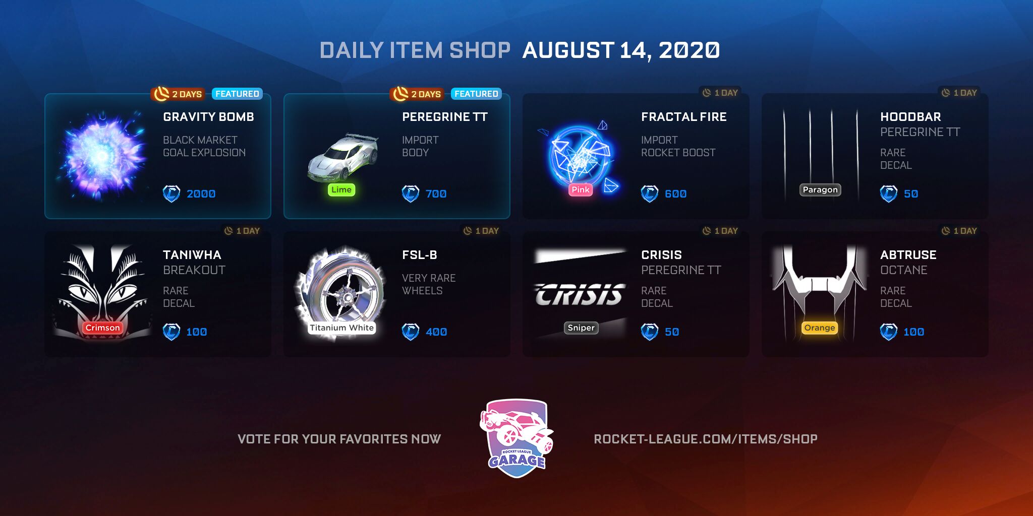 Item shop on August 14, 2020 | Rocket League Garage