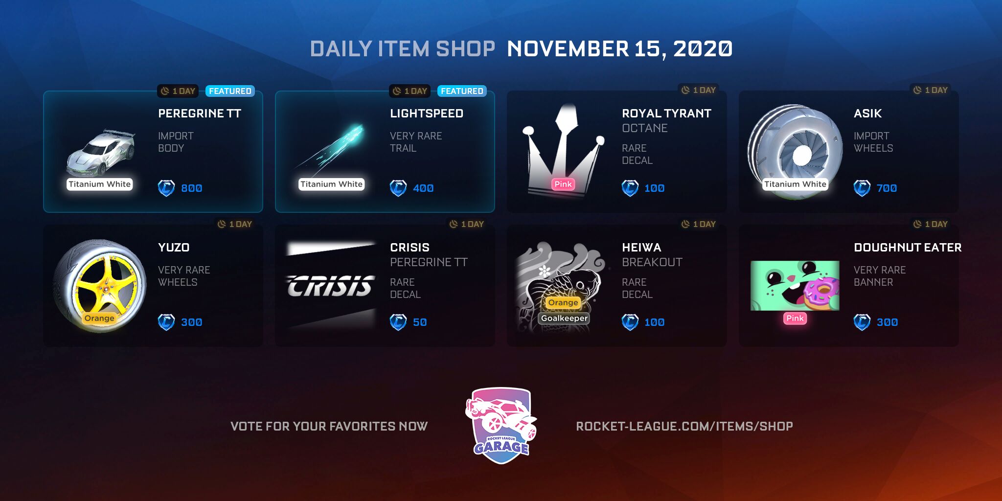 Item shop on November 15, 2020 | Rocket League Garage