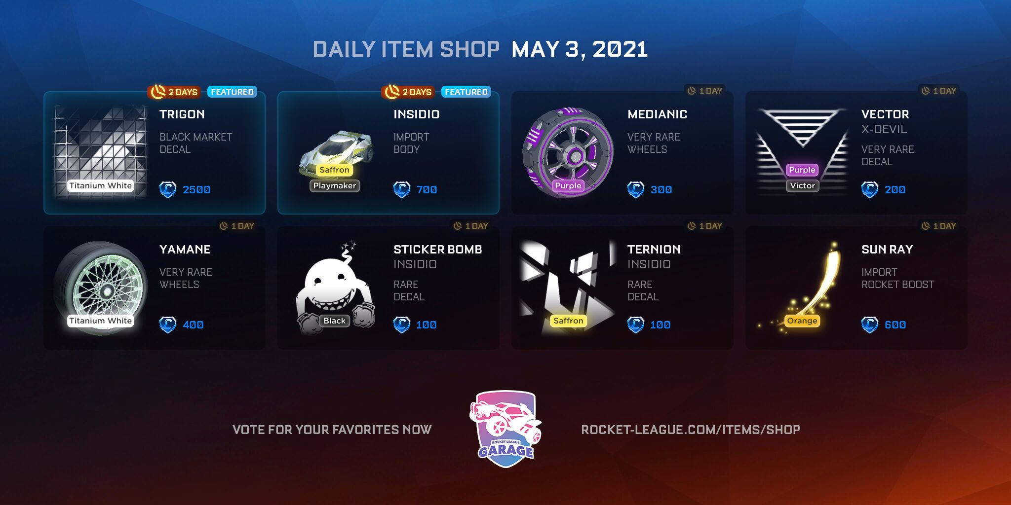 Item shop on May 3, 2021 | Rocket League Garage